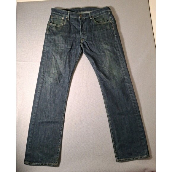 LEVI'S 501 Button Fly Jeans Mens 34-32 Dark Wash Distressed Cowboy EUC - Picture 1 of 15